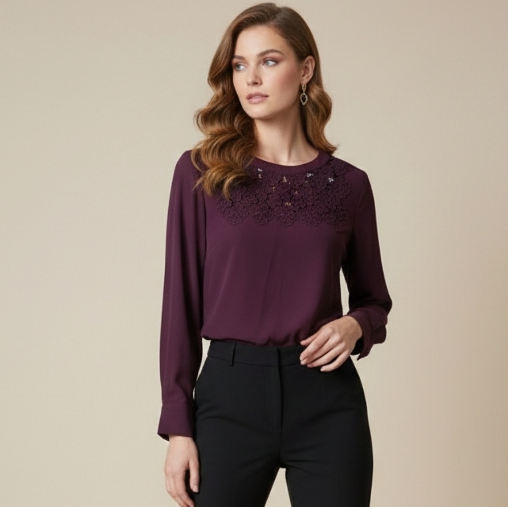 Vince Camuto Plum Burgundy Lace Yoke Blouse Medium